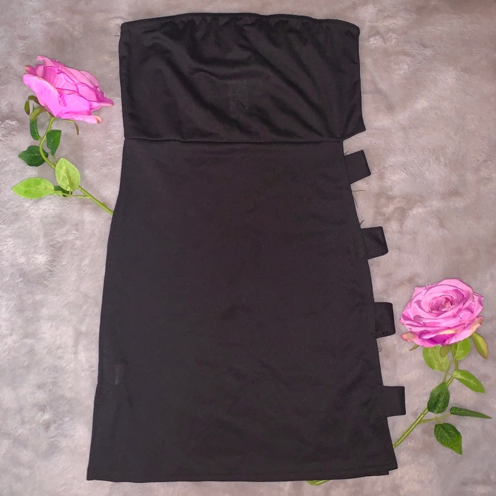 Black bandeau strappy side mini dress